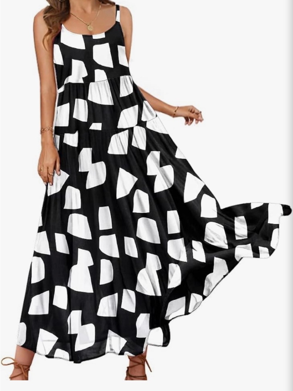 Monochrome Geometric Maxi Dress with Spaghetti Straps - Picture 8 of 11